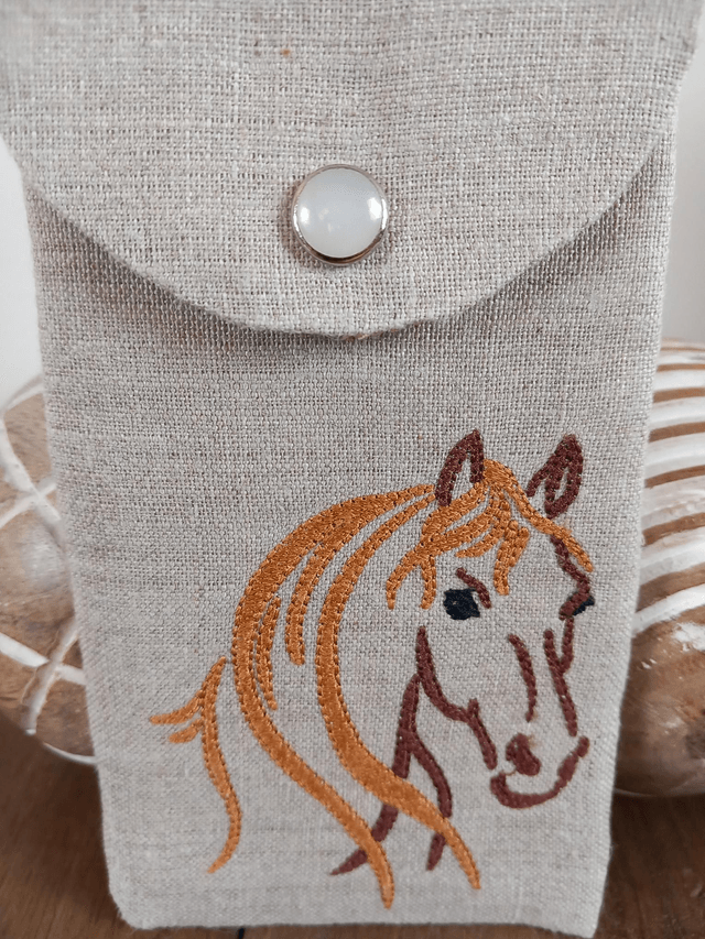 Étui à lunettes ou pochette téléphone lin brodé "Cheval"