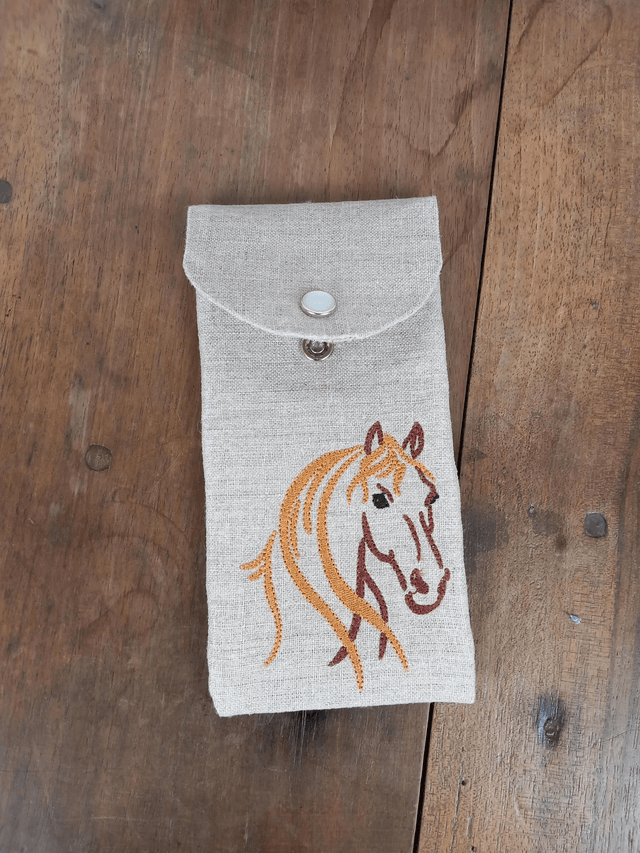 Étui à lunettes ou pochette téléphone lin brodé "Cheval"