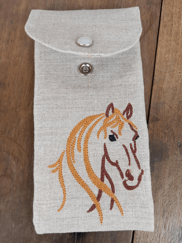 Étui à lunettes ou pochette téléphone lin brodé "Cheval"