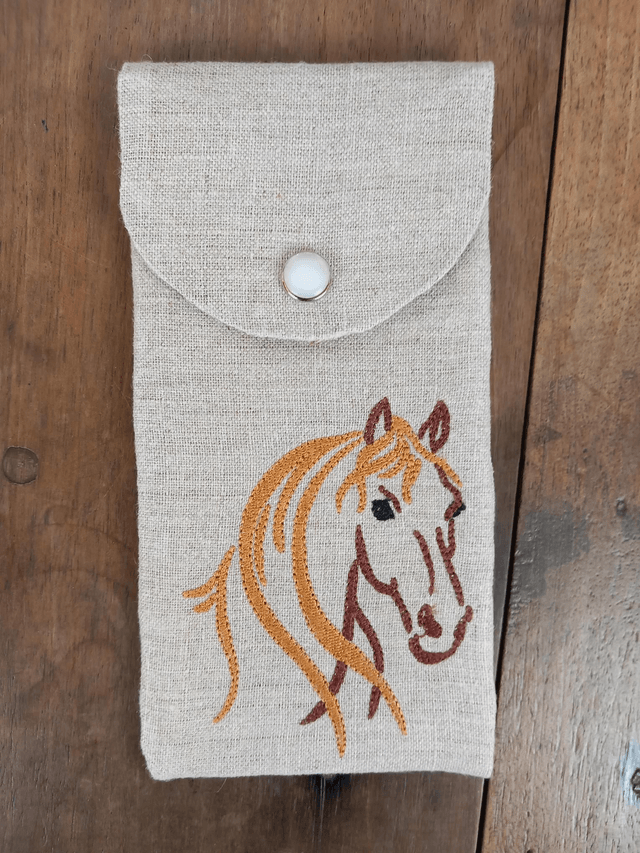 Étui à lunettes ou pochette téléphone lin brodé "Cheval"