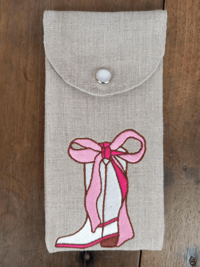 Étui à lunettes ou pochette téléphone lin brodé "Botte rose"