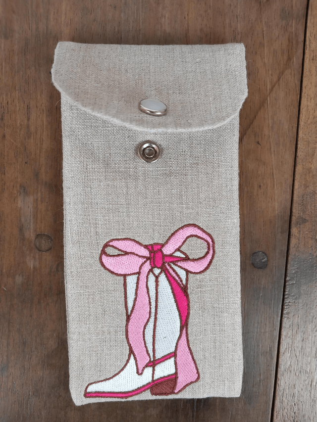 Étui à lunettes ou pochette téléphone lin brodé "Botte rose"