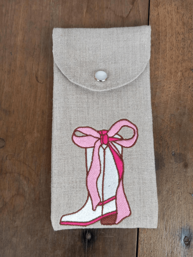 Étui à lunettes ou pochette téléphone lin brodé "Botte rose"