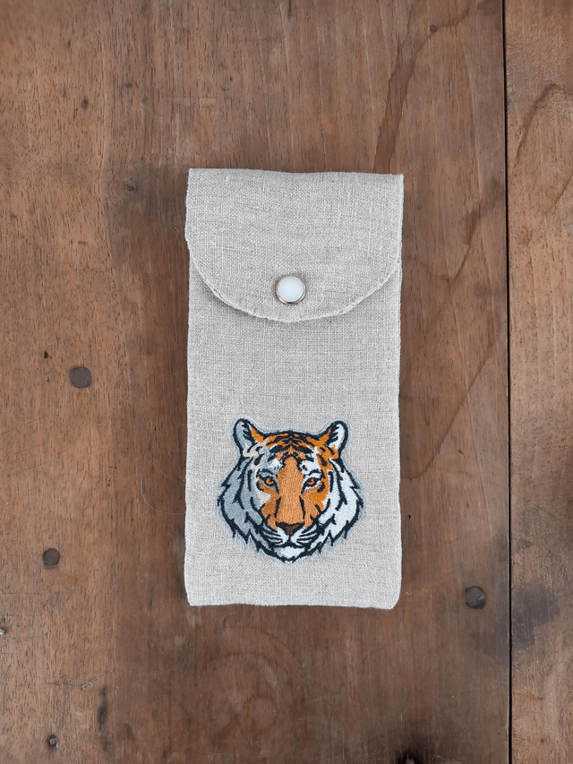 Étui à lunettes ou pochette téléphone lin brodé "Tigre"